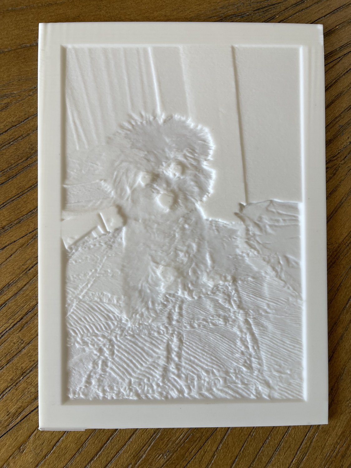 The raw white 3D-printed lithophane panel, unlit
